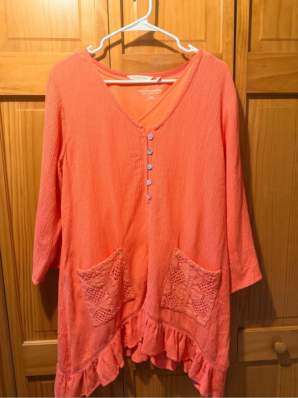 Soft Surroundings Coral Button-Front V-Neck Tunic with Crochet Pockets